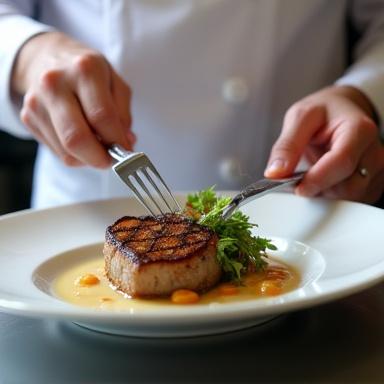 シェフがグリルした肉を美しく盛り付ける
